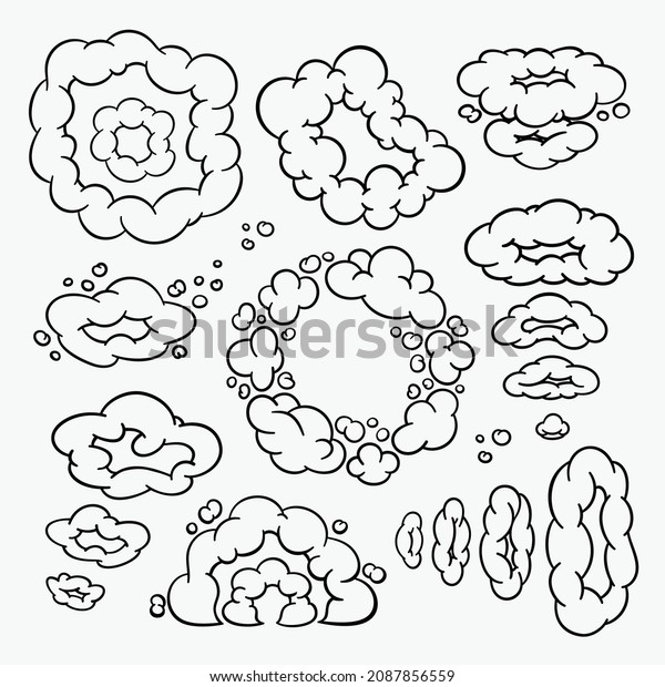 Comic clouds, cartoon vector clouds in line\
style isolated on light\
background.