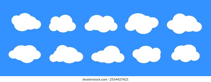 Comic clouds collection. Cartoon cloud shapes set for icon, poster, banner, label, badge, tag, logo, decoration. White speech bubble on blue background. Text box claud bundle. Vector