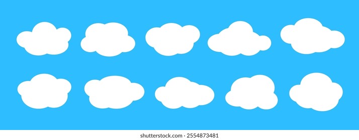 Comic clouds collection. Cartoon cloud shapes set for icon, poster, banner, label, badge, tag, logo, decoration. White speech bubble on bright blue sky background. Text box claud bundle. Vector