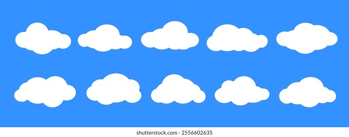 Comic clouds on blue sky background. Cartoon cloud shapes set for icon, poster, banner, label, badge, tag, logo, decoration. White speech bubble collection. Text box claud bundle. Vector