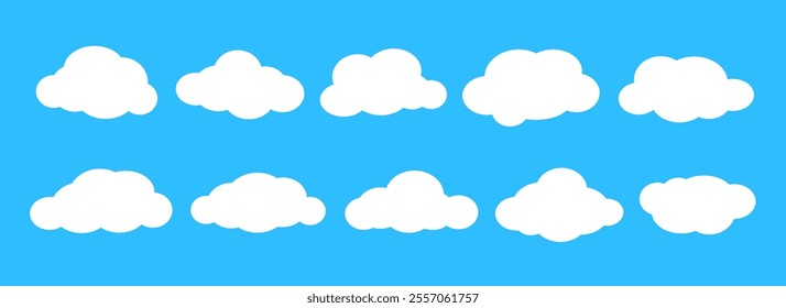 Comic clouds on light blue sky background. Cartoon cloud shapes set for icon, poster, banner, label, badge, tag, logo, decoration. White blank speech bubble collection. Text box claud bundle. Vector