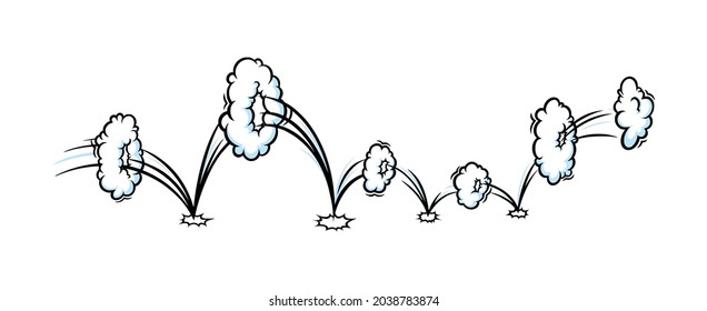 Comic clouds to show jumping motion. Trailed cartoon jumps with smoke effect. Comiv vector illustration