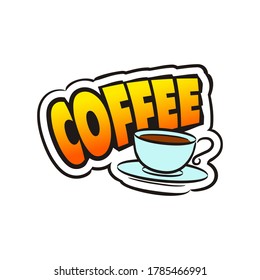 Etiqueta del logo del café cómico.  La insignia de las emociones al estilo del arte pop. Logotipo de caricatura con taza para café, bar, menú, restaurante. Ilustración de vectores aislados
