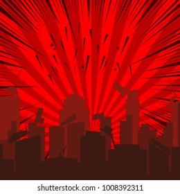 Comic collapsing cityscape template with destruction of city rays and sound effects on red radial background in pop art style. Vector illustration