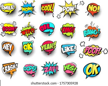 Comic collection colored sound effects words pop art vector style. Set comic bubble speech word comic cartoon expression illustration. Lettering phrase.