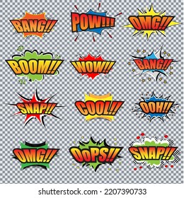 Comic Collection Colored Sound Effects Words Pop Art Vector Style.Set Comic Bubble Speech Word Comic Cartoon Expression Illustration. Lettering Phrase.