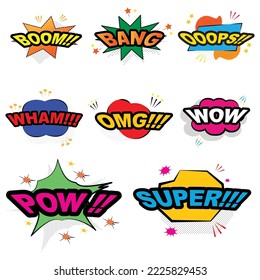 Colección de historietas de efectos de sonido palabras estilo vector de arte pop. Indique la ilustración de la expresión de historietas de historietas en burbujas de historietas. Leer la frase.