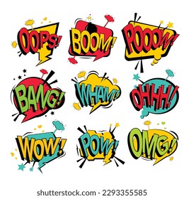 Comic collection colored sound effects words pop art vector style. Set comic bubble speech word comic cartoon expression illustration. Lettering phrase.