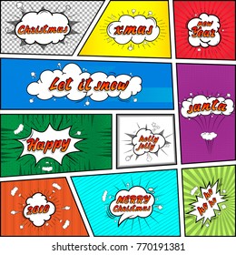 Comic collection Merry Christmas colored sound chat text effects pop art vector style. 3d font.