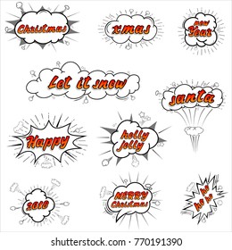 Comic collection Merry Christmas colored sound chat text effects pop art vector style. 3d font.