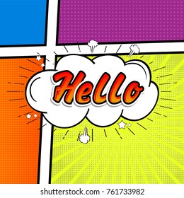 Comic collection - word Hello, colored sound chat text effects pop art vector style. 3d font.