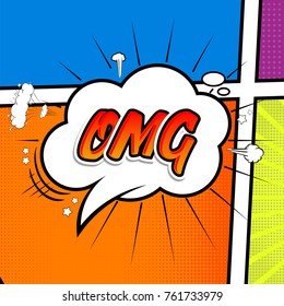 Comic collection - word OMG, colored sound chat text effects pop art vector style. 3d font.