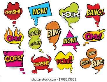 Comic colored hand drawn speech bubbles. Set retro cartoon stickers. Funny design vector items illustration. Comic text WOW, boom, bang collection sound effects in pop art style