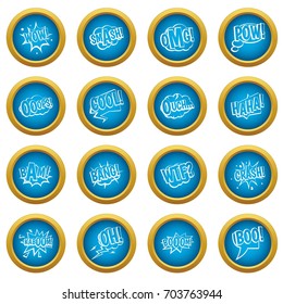 Comic colored sound icons blue circle set isolated on white for digital marketing