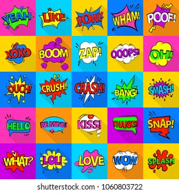 Comic colored sound icons set. Flat illustration of 25 comic colored sound vector icons for web