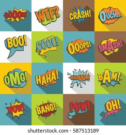 Iconos de sonido de color cómic. Ilustración plana de 16 iconos vectoriales de sonido de color cómic para web