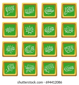 Comic colored sound icons set in green color isolated vector illustration for web and any design