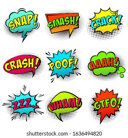 Comic colored speech bubbles with halftone shadow and text phrase. Sound expression of emotion. Hand drawn retro cartoon stickers. Pop art style. Vector illustration.