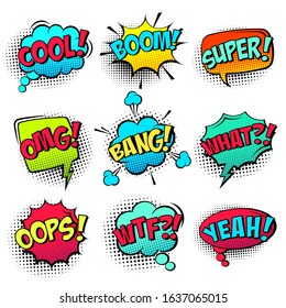 Comic colored speech bubbles with halftone shadow and text phrase. Sound expression of emotion. Hand drawn retro cartoon stickers. Pop art style. Vector illustration.