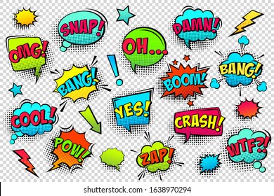 Comic colored speech bubbles with halftone shadow and text phrase. Sound expression of emotion. Hand drawn retro cartoon stickers. Pop art style. Vector illustration.