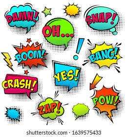 Comic colored speech bubbles with halftone shadow and text phrase. Sound expression of emotion. Hand drawn retro cartoon stickers. Pop art style. Vector illustration.