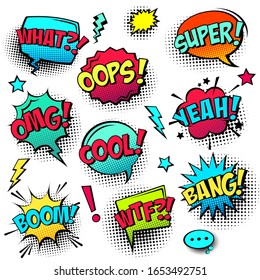 Comic colored speech bubbles with halftone shadow and text phrase. Sound expression of emotion. Hand drawn retro cartoon stickers. Pop art style. Vector illustration
