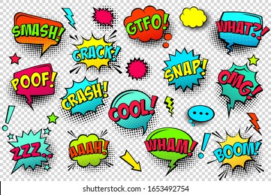 Comic colored speech bubbles with halftone shadow and text phrase. Sound expression of emotion. Hand drawn retro cartoon stickers. Pop art style. Vector illustration