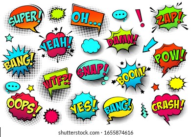 Comic colored speech bubbles with halftone shadow and text phrase. Sound expression of emotion. Hand drawn retro cartoon stickers. Pop art style. Vector illustration