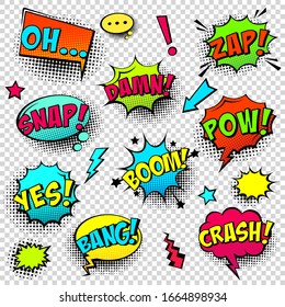 Comic colored speech bubbles with halftone shadow and text phrase. Sound expression of emotion. Hand drawn retro cartoon stickers. Pop art style. Vector illustration