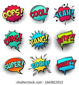 Comic colored speech bubbles with halftone shadow and text phrase. Sound expression of emotion. Hand drawn retro cartoon stickers. Pop art style. Vector illustration