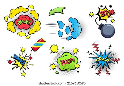 Comic colored speech bubbles with text. Sound effects in pop art style. Sound emotes and comics cues. Set of cartoon dialog clouds with Halftone Dot background. Isolated. Vector illustration