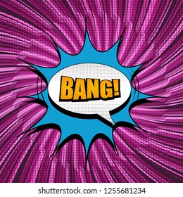 Comic colorful abstract concept with orange Bang inscription bright speech bubbles twisted radial halftone and rays effects. Vector illustration