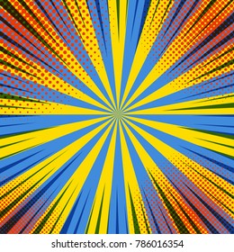 Comic colorful abstract template with black rays red halftone effects on yellow and blue radial background. Vector illustration