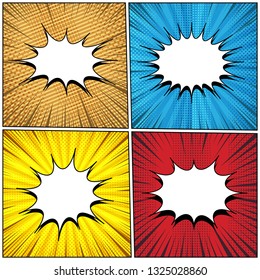 Comic colorful abstract templates collection with white blank speech bubbles radial halftone slanted lines and rays humor effects. Vector illustration