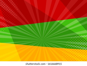 Comic colorful background with halftone shadow in pop art style. Red, green and yellow colors. Vector illustration