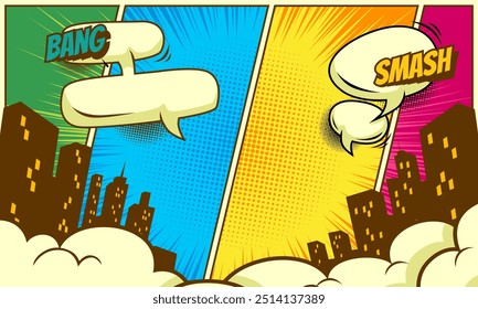 Comic colorful background with speech bubble and city silhouette