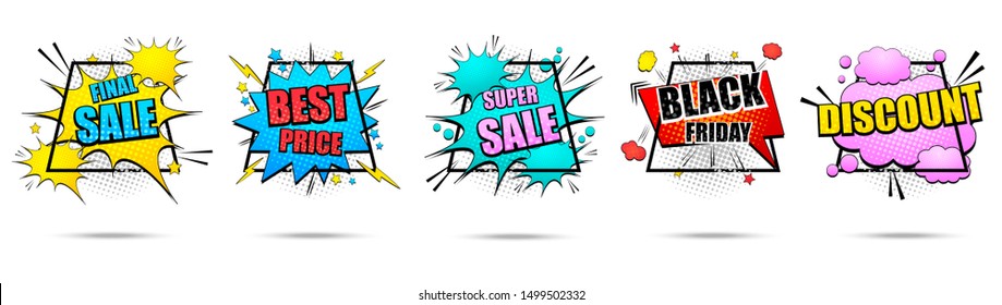 Comic colorful banners collection with Best Price Black Friday Discount Super and Final Sale inscriptions bright speech bubbles frames clouds rays stars halftone effects. Isolated vector illustration