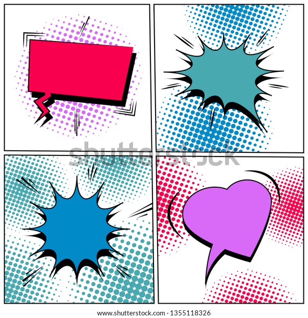 Comic colorful\
blank speech bubbles set with halftone and sound effects on white\
backgrounds. Vector\
illustration