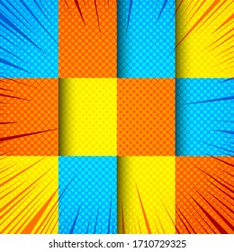 Comic colorful bright composition with halftone and rays effects. Vector illustration
