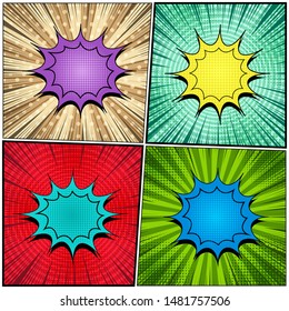 Comic colorful bright composition with light blank speech bubbles halftone radial circles dotted and rays effects. Vector illustration