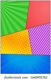 Comic colorful bright composition with radial rays slanted lines halftone effects. Vector illustration