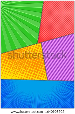 Comic colorful bright composition with radial rays slanted lines halftone effects. Vector illustration
