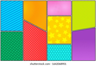 Comic colorful bright composition with stars dots stripes and halftone effects. Vector illustration