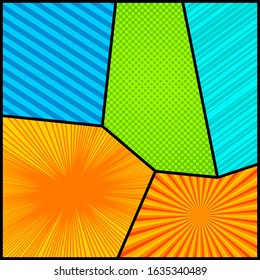 Comic colorful bright composition with stripes halftone radial rays halftone effects. Vector illustration