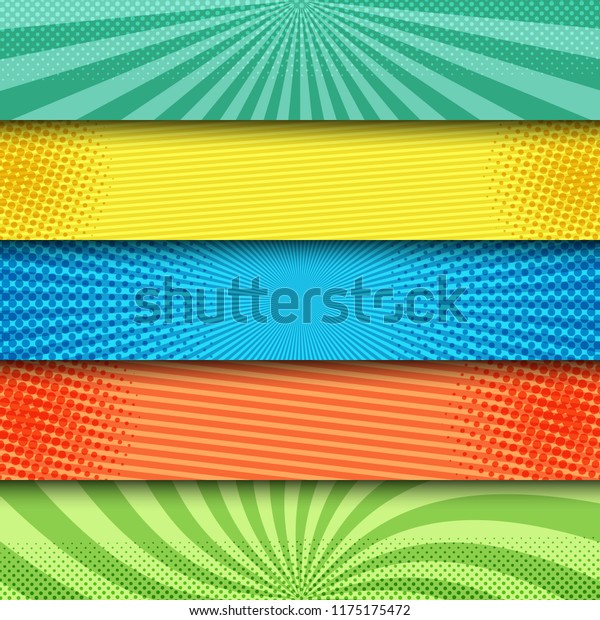 Comic\
colorful bright horizontal banners with radial rays slanted lines\
halftone humor effects. Vector\
illustration