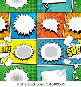 Comic colorful bright seamless pattern with white speech bubbles Super wording clouds stars and humor effects. Vector illustration