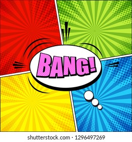 Comic colorful bright template with white speech bubble pink Bang inscription radial and halftone effects. Vector illustration