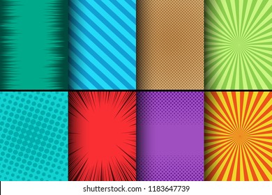Comic colorful cards set with halftone radial striped and rays humor effects. Vector illustration