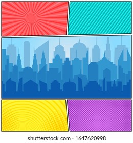 Comic colorful composition with blue city silhouette radial stripes circles and halftone effects. Vector illustration
