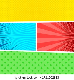 Comic colorful composition with dotted halftone radial and beams effects. Vector illustration